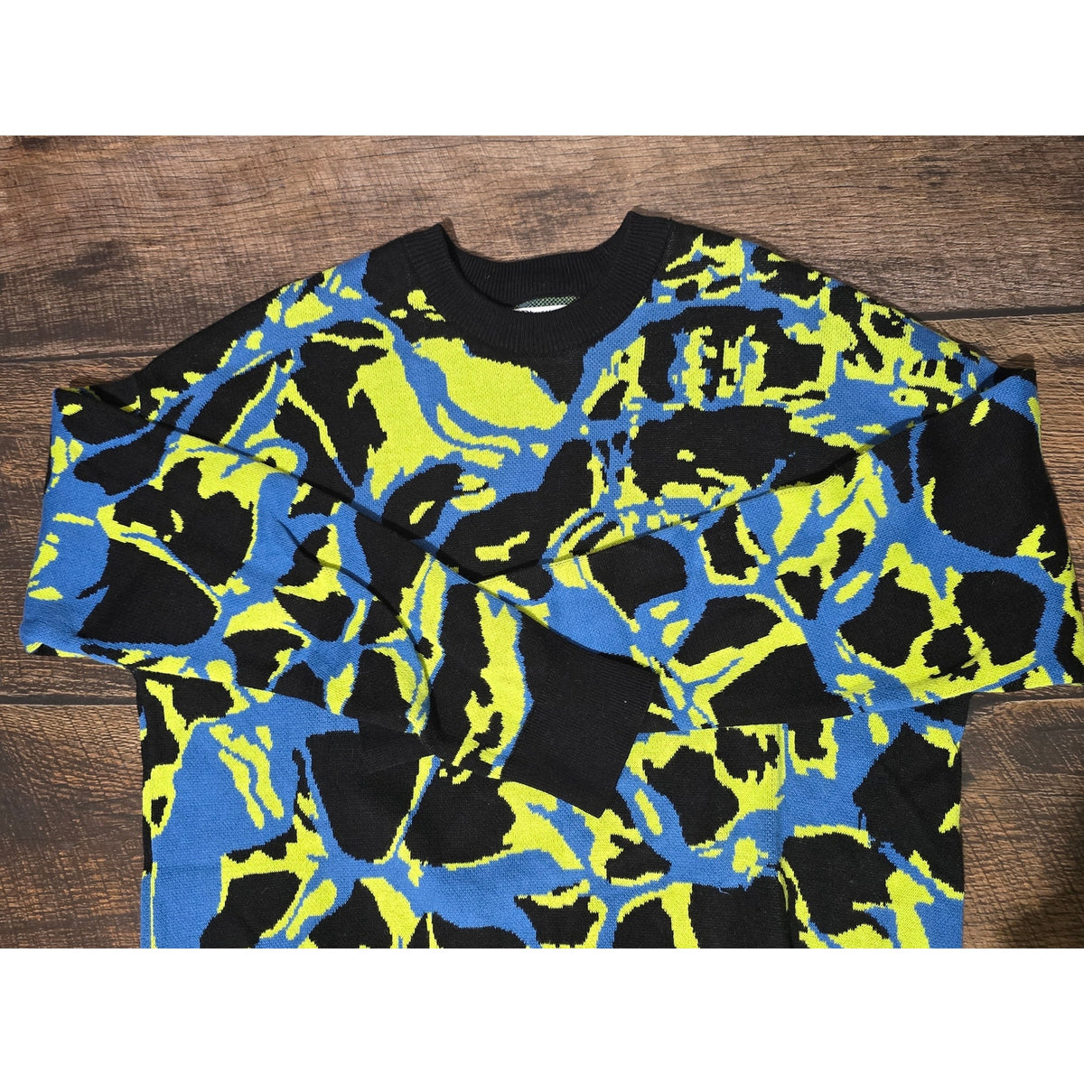 Zara Men's Abstract Camo Intarsia Knit Sweater Electric Blue Yellow Small