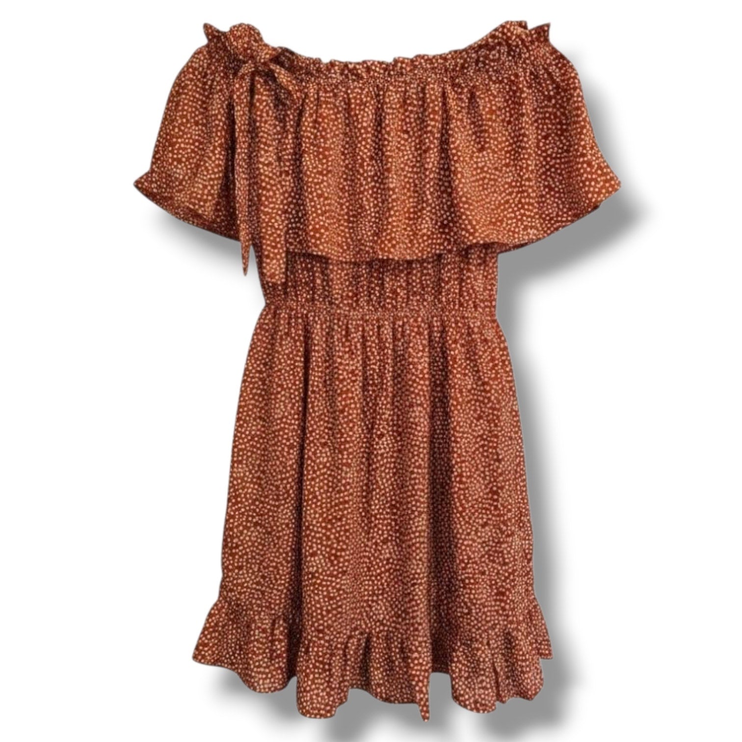 Daytrip Women’s Rust Polka Dot Off-Shoulder Ruffle Mini Dress – Size Small
