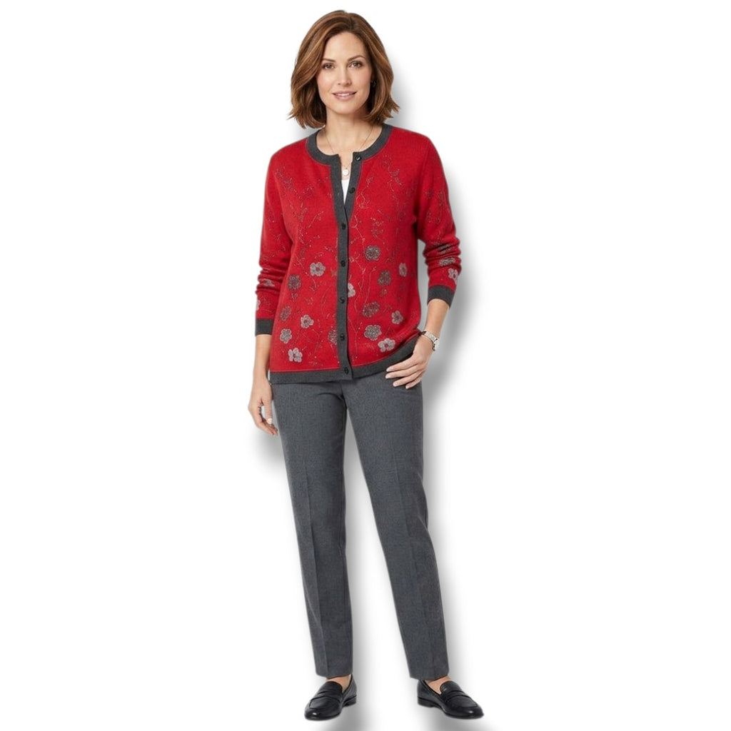 Cathy Daniels Women’s Red Floral Metallic Button-Front Cardigan Sweater – Large