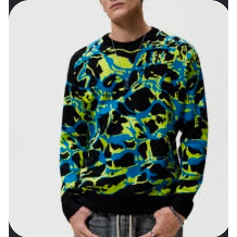 Zara Men's Abstract Camo Intarsia Knit Sweater Electric Blue Yellow Small