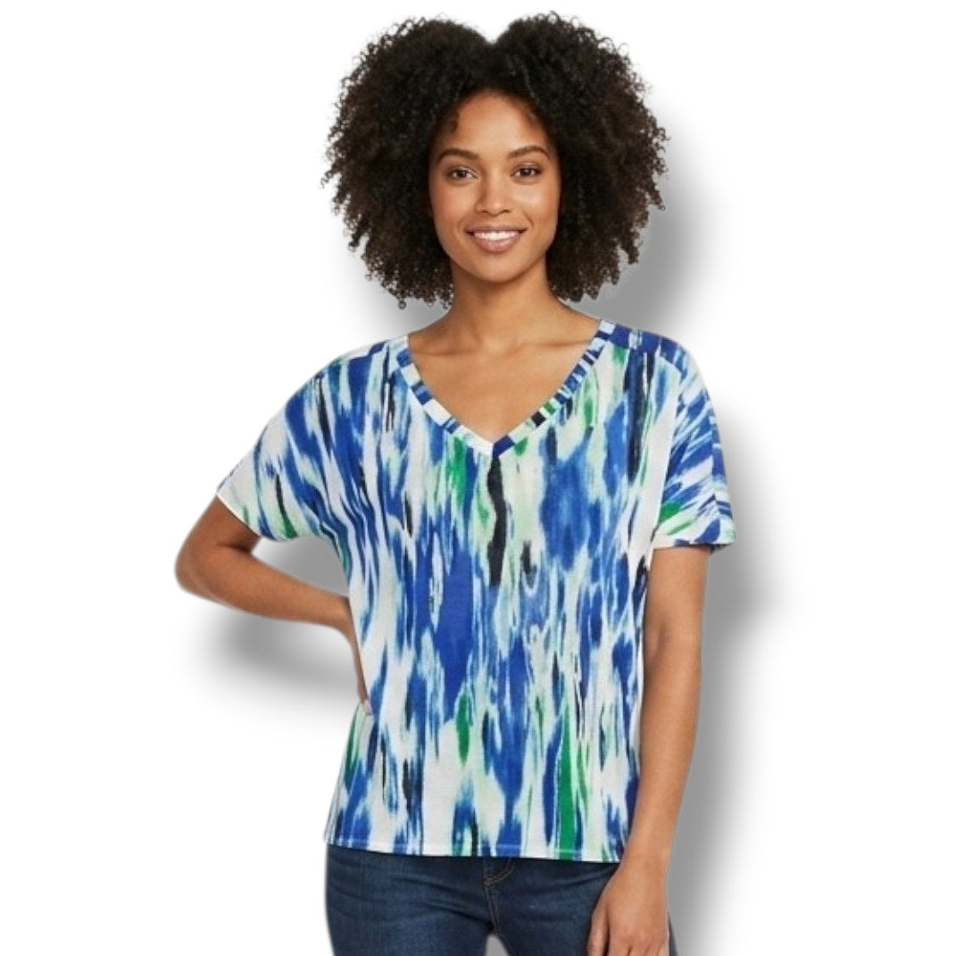 Express Blue & Green Ikat Print Button-Back V-Neck Blouse – Small NWT