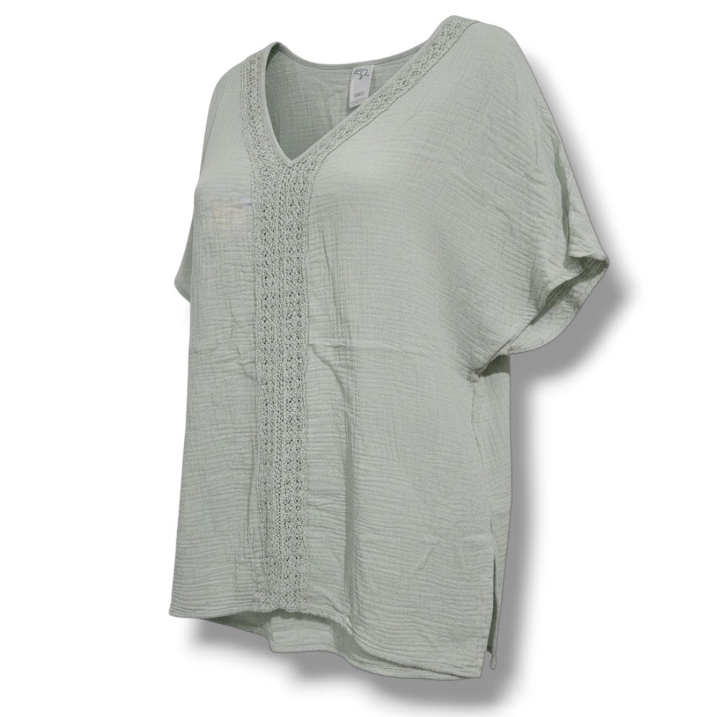 Kona Sol Sage Green Gauze V-Neck Crochet Trim cover up Top Women’s Large
