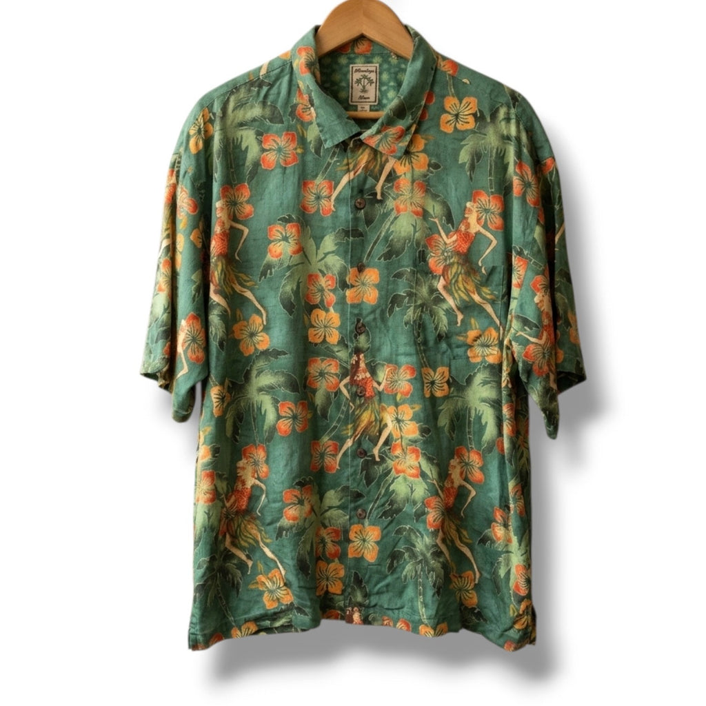 Montego Mon 100% Silk Green Hula Girl Tropical Hawaiian Camp Shirt XXL