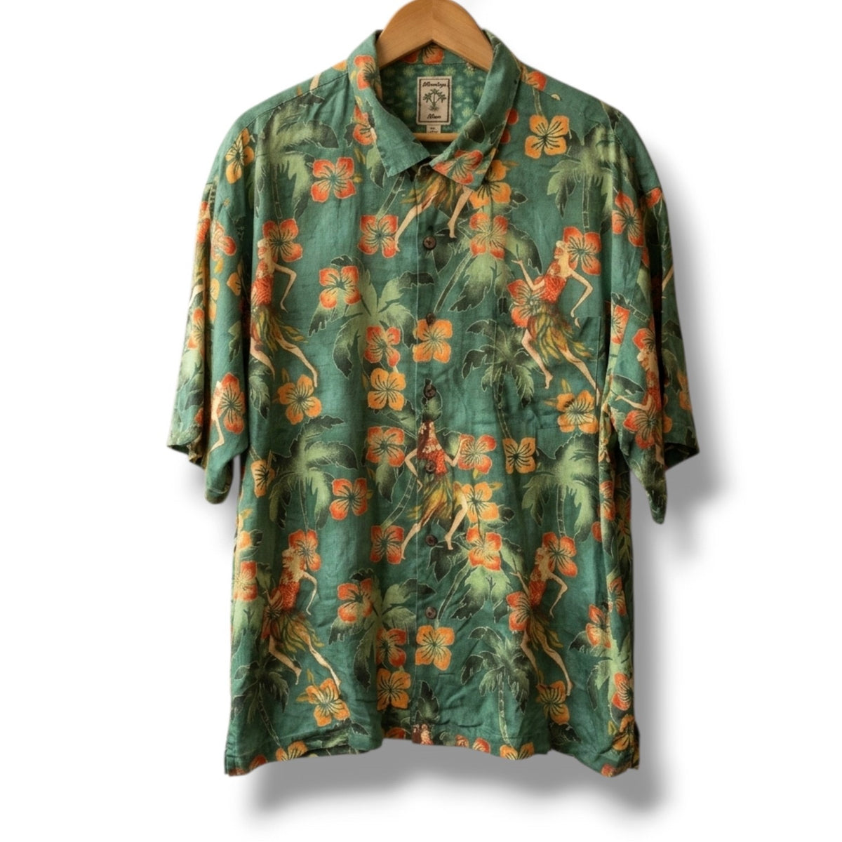 Montego Mon 100% Silk Green Hula Girl Tropical Hawaiian Camp Shirt XXL
