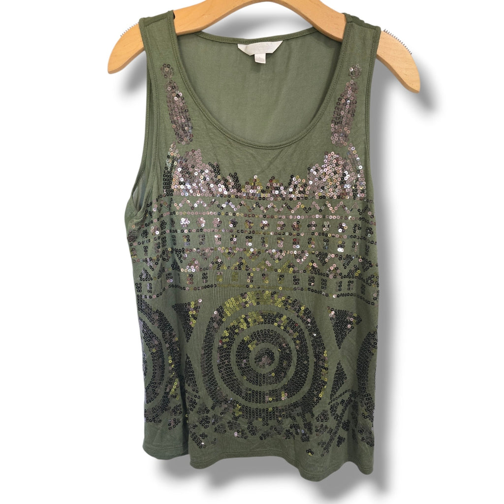 Charming Charlie Women's Olive Green Sequin Geometric Tank Top L Chiffon Back
