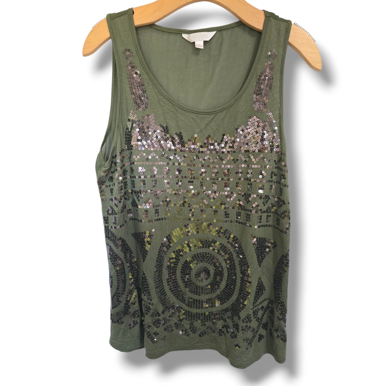 Charming Charlie Women's Olive Green Sequin Geometric Tank Top L Chiffon Back