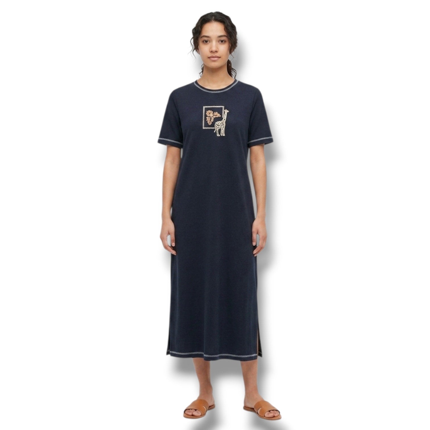 Key-Wear Women's XL Black Giraffe Embroidered Maxi T-Shirt Dress Short Sleeve