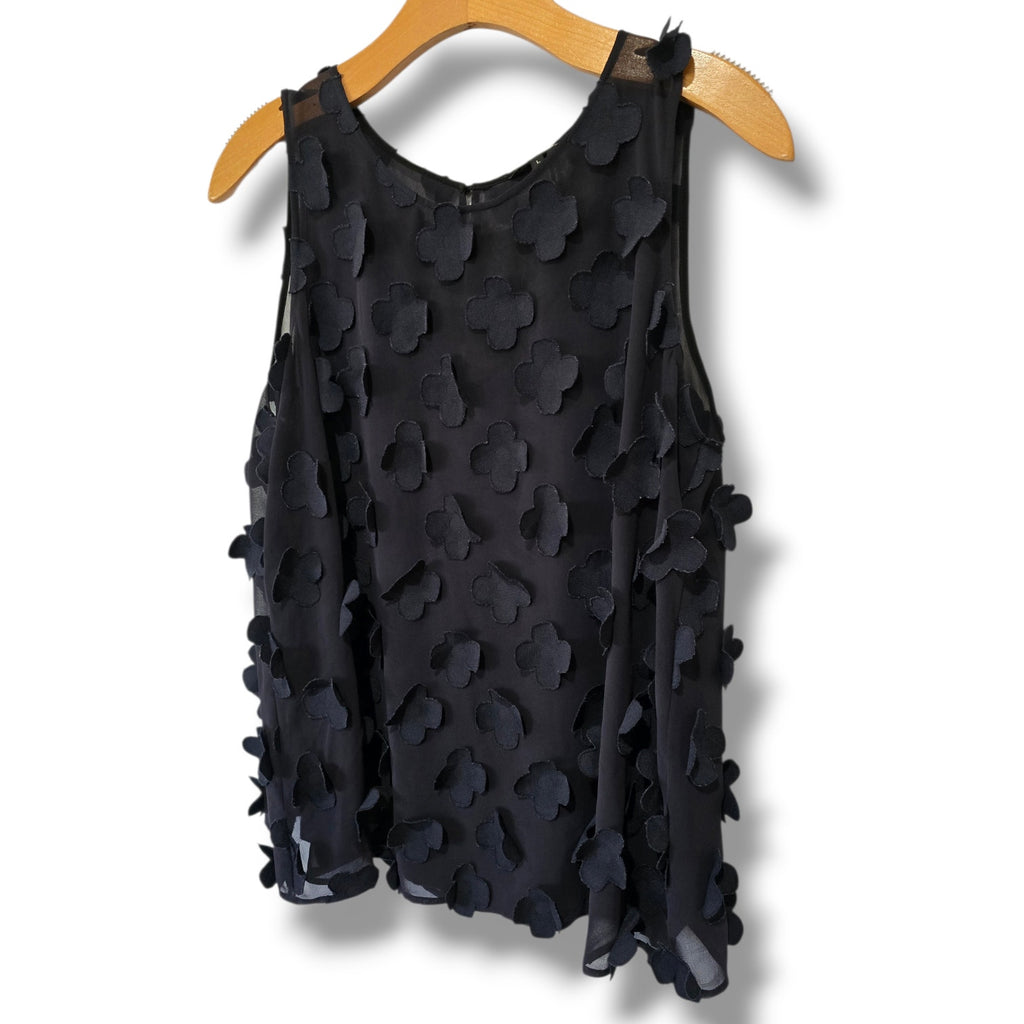NIC+ZOE women's Black 3D Floral Appliqué Sheer Sleeveless Top Large
