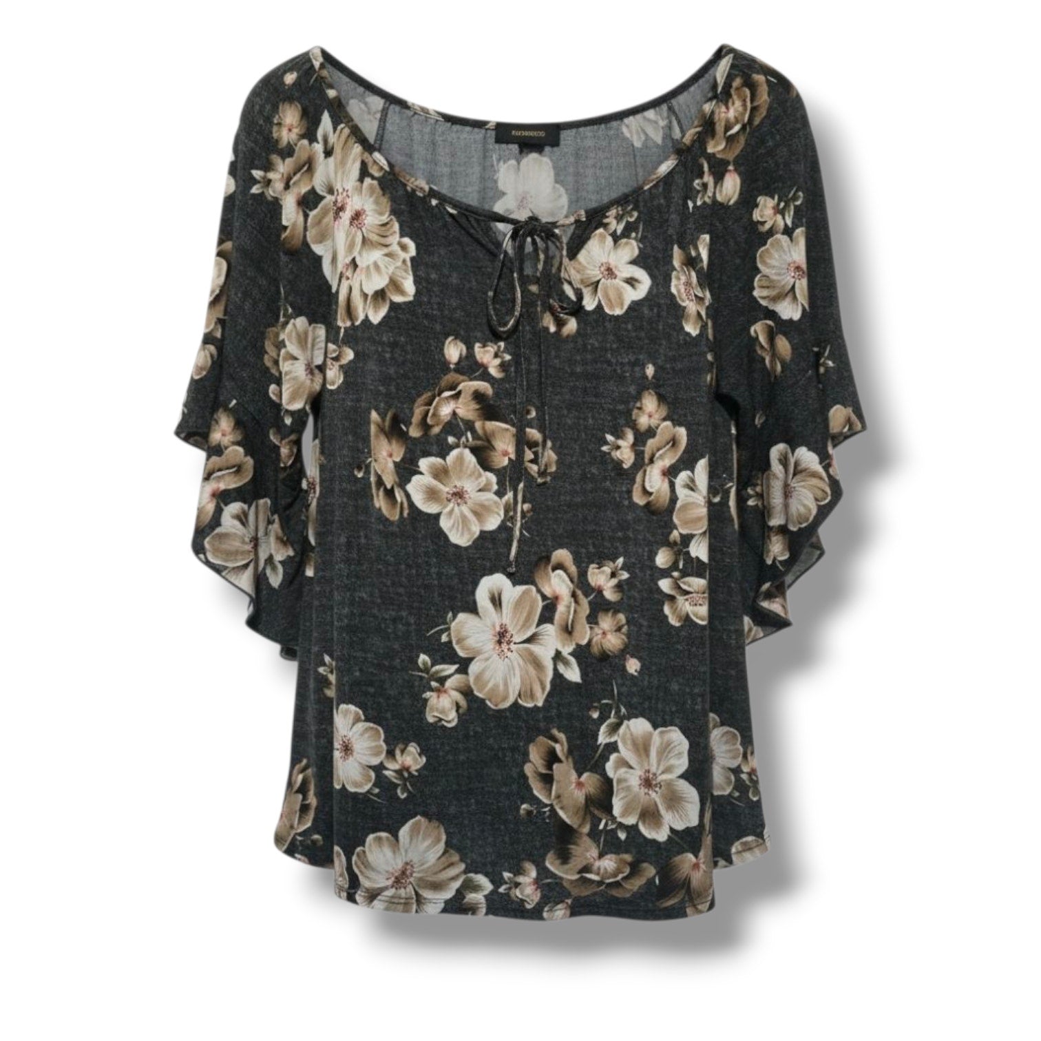 EXPRESSO Floral Flutter Sleeve Lace-Up Blouse XL – Black Beige Stretchy Top