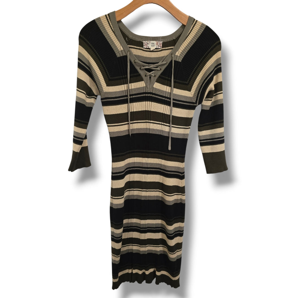 Pink Rose Earthy Multi-Stripe Lace-Up Ribbed Sweater Dress – Large