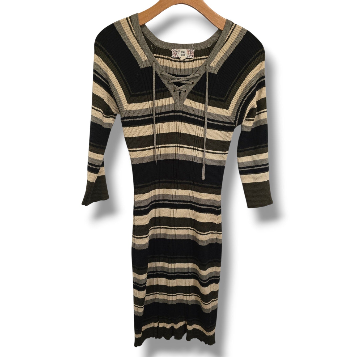 Pink Rose Earthy Multi-Stripe Lace-Up Ribbed Sweater Dress – Large