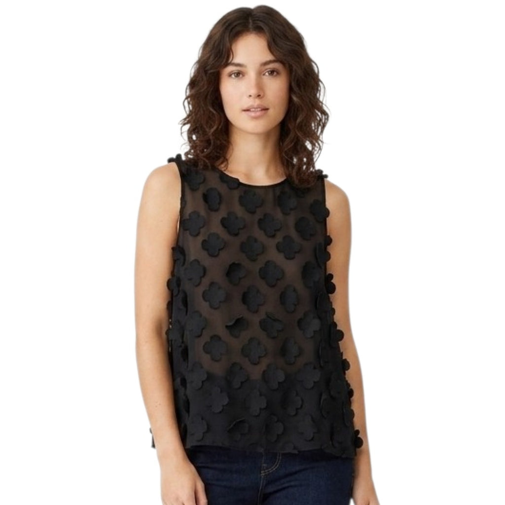 NIC+ZOE women's Black 3D Floral Appliqué Sheer Sleeveless Top Large