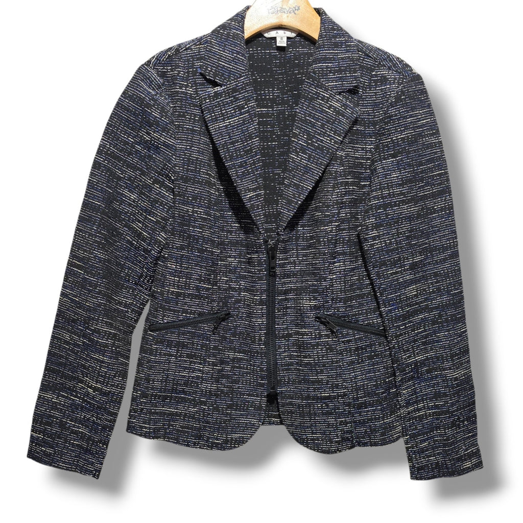 Cabi Women's Size 6 Black Blue Textured Knit Zip Front Blazer Jacket