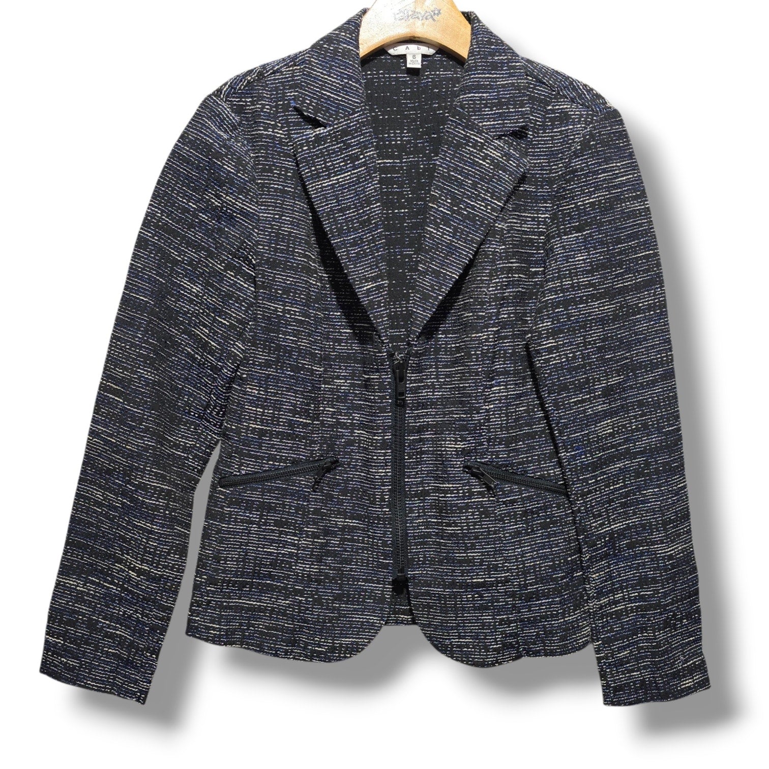 Cabi Women's Size 6 Black Blue Textured Knit Zip Front Blazer Jacket