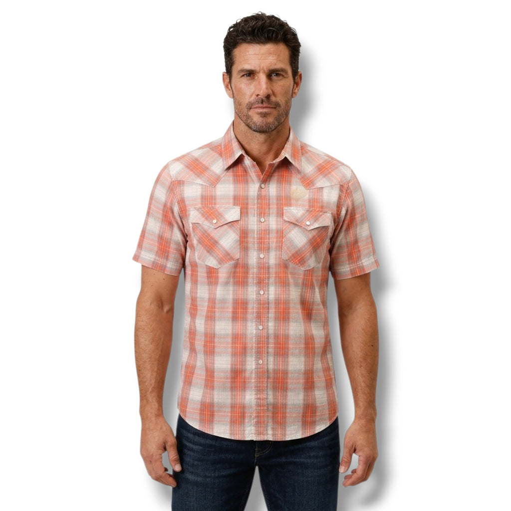 Roper Wear the West Mens Coral Plaid Paisley Trim Pearl Snap Western Shirt Large
