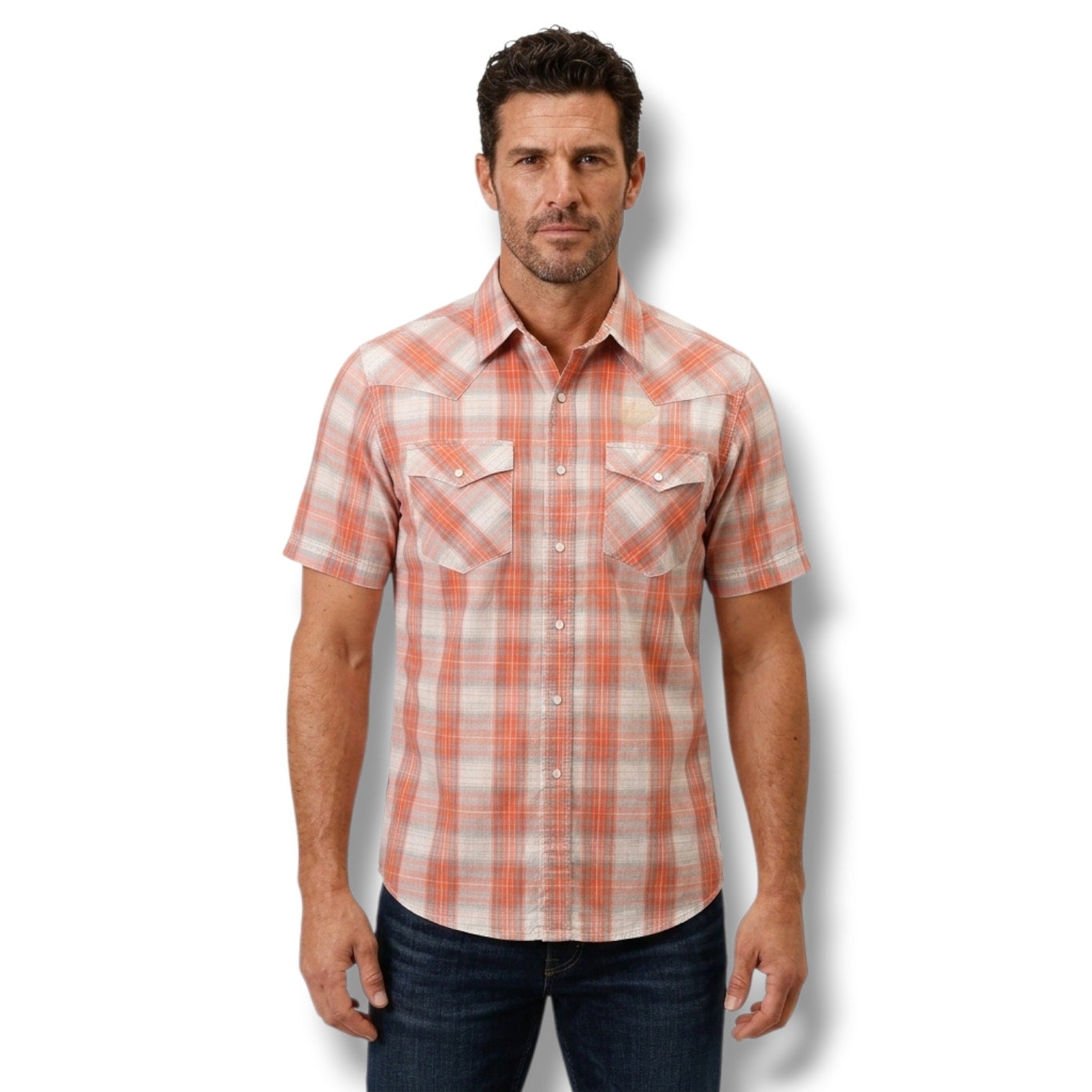 Roper Wear the West Mens Coral Plaid Paisley Trim Pearl Snap Western Shirt Large