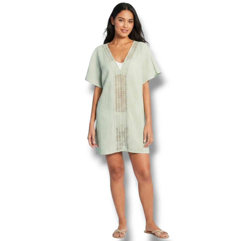 Kona Sol Sage Green Gauze V-Neck Crochet Trim cover up Top Women’s Large