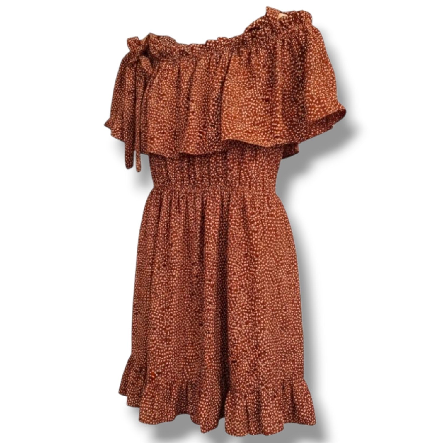 Daytrip Women’s Rust Polka Dot Off-Shoulder Ruffle Mini Dress – Size Small
