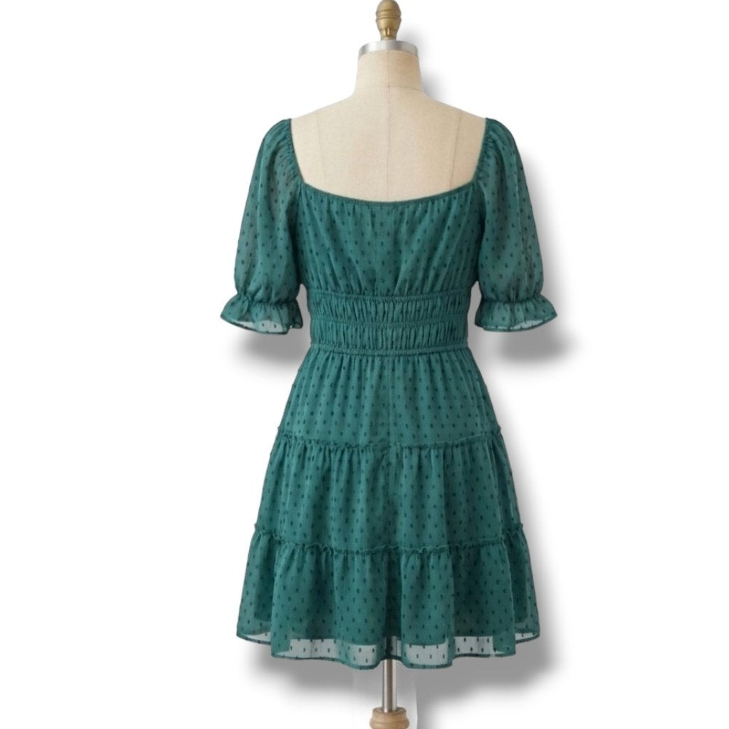 Trixxi Women's Size Large Emerald Green Swiss Dot Smocked Tiered Mini Dress