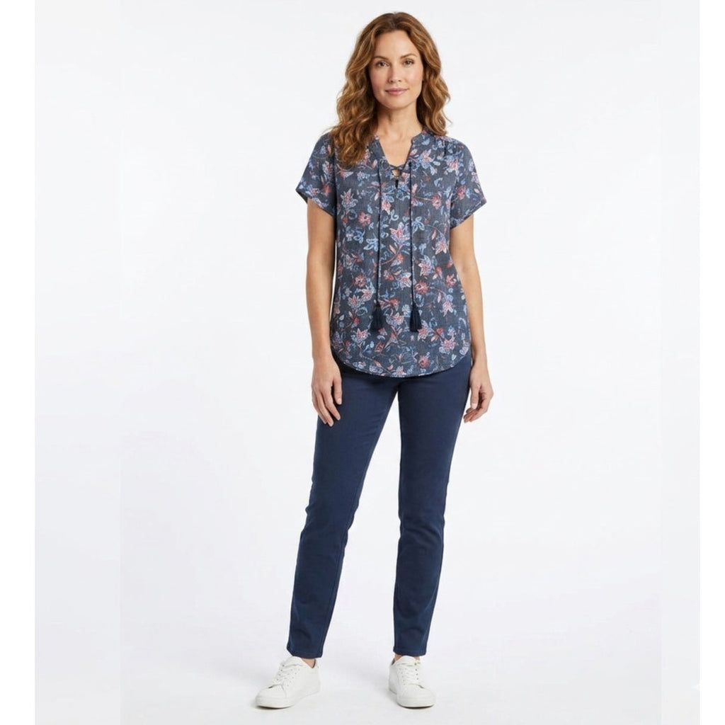 St. John’s Bay Petite Medium Floral Lace-Up Tassel Blouse Navy Rayon Blend