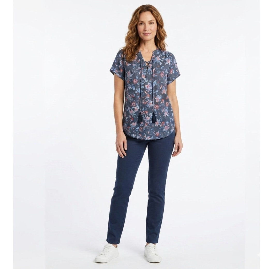 St. John’s Bay Petite Medium Floral Lace-Up Tassel Blouse Navy Rayon Blend