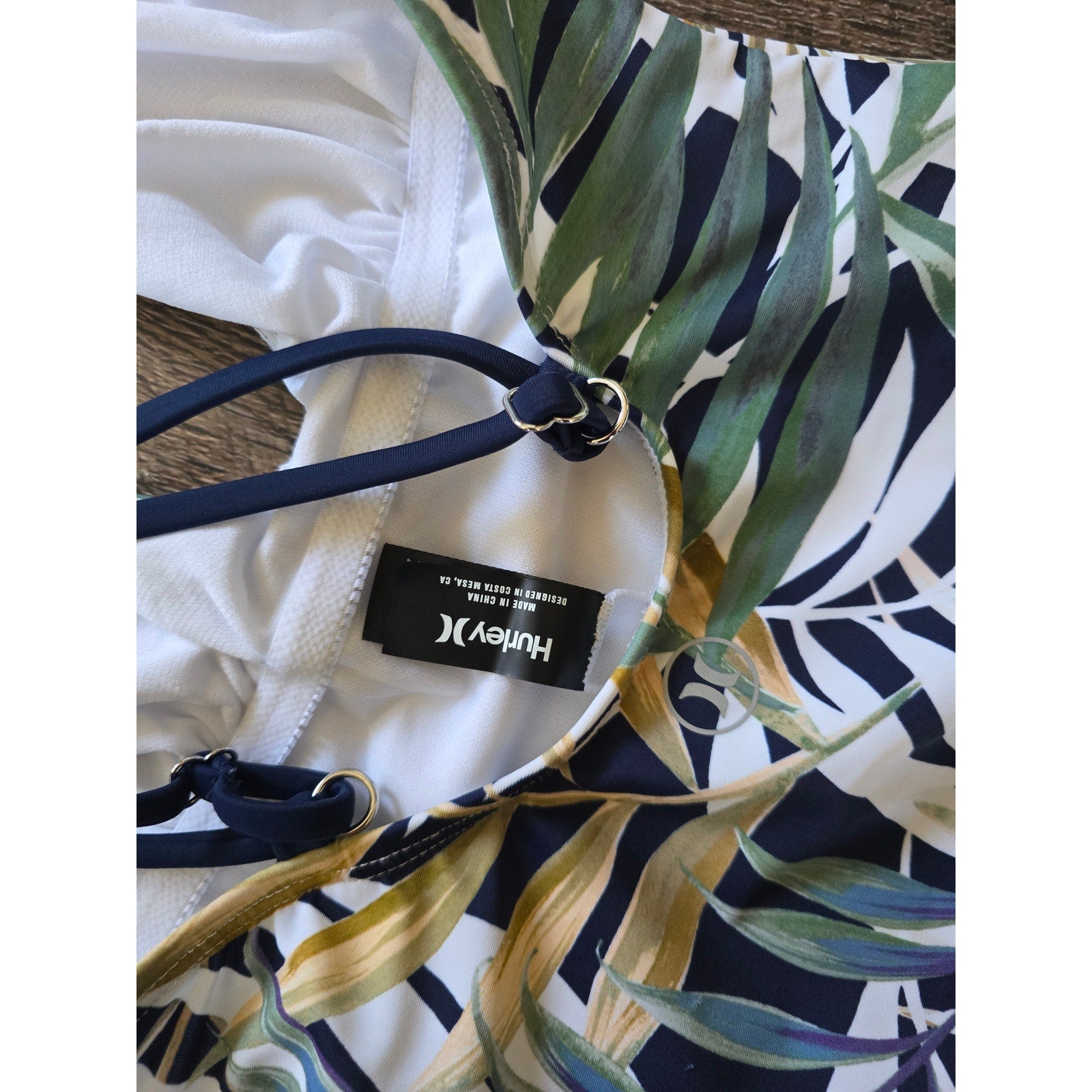 HURLEY women's Tropical Palm Leaf One Piece Swimsuit XS Blue Green Cross Back