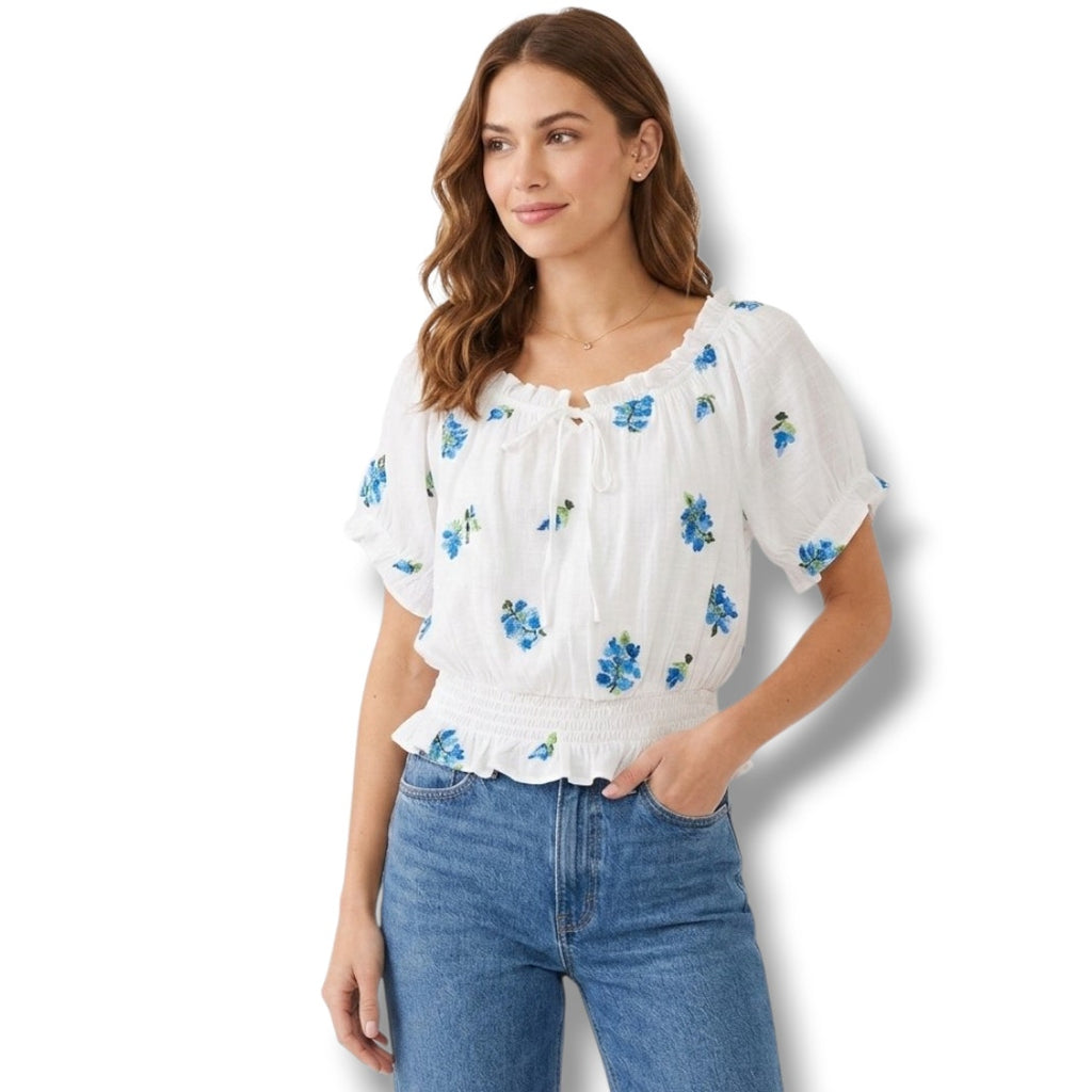 Meraki Women’s White Blue Floral Boho Peasant Blouse - Medium