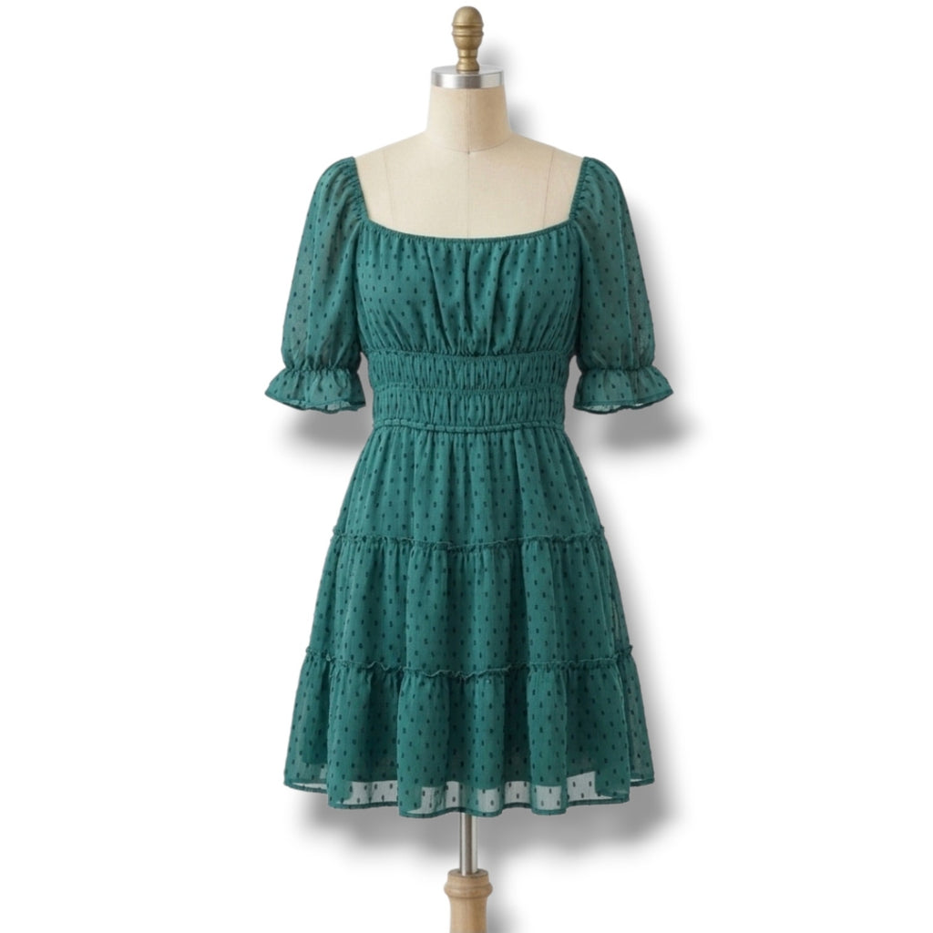Trixxi Women's Size Large Emerald Green Swiss Dot Smocked Tiered Mini Dress