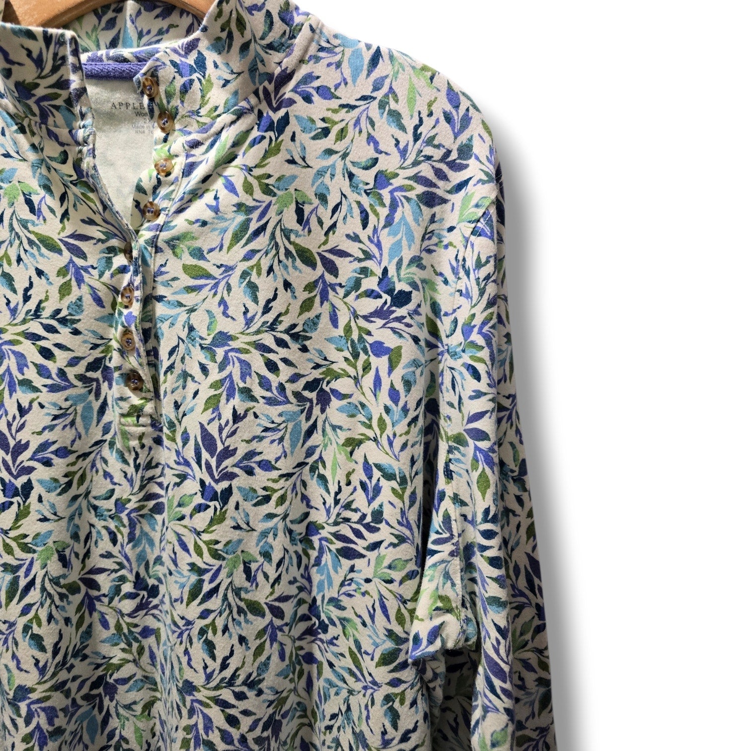 Appleseed's women's plus size Blue & Green Leaf Print Mock Neck Henley Top- 2x