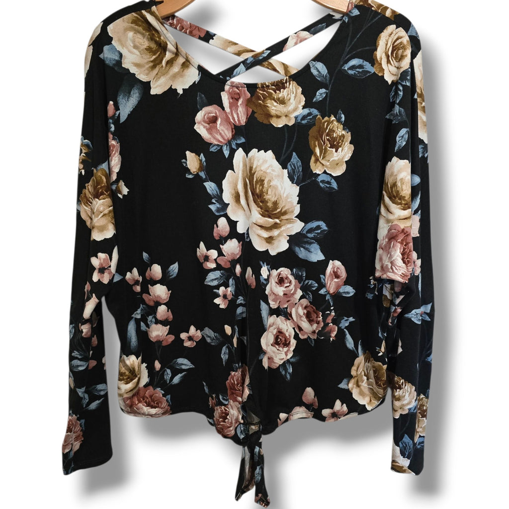 Iz Byer Women’s Floral Criss-Cross Back Long Sleeve Blouse Medium