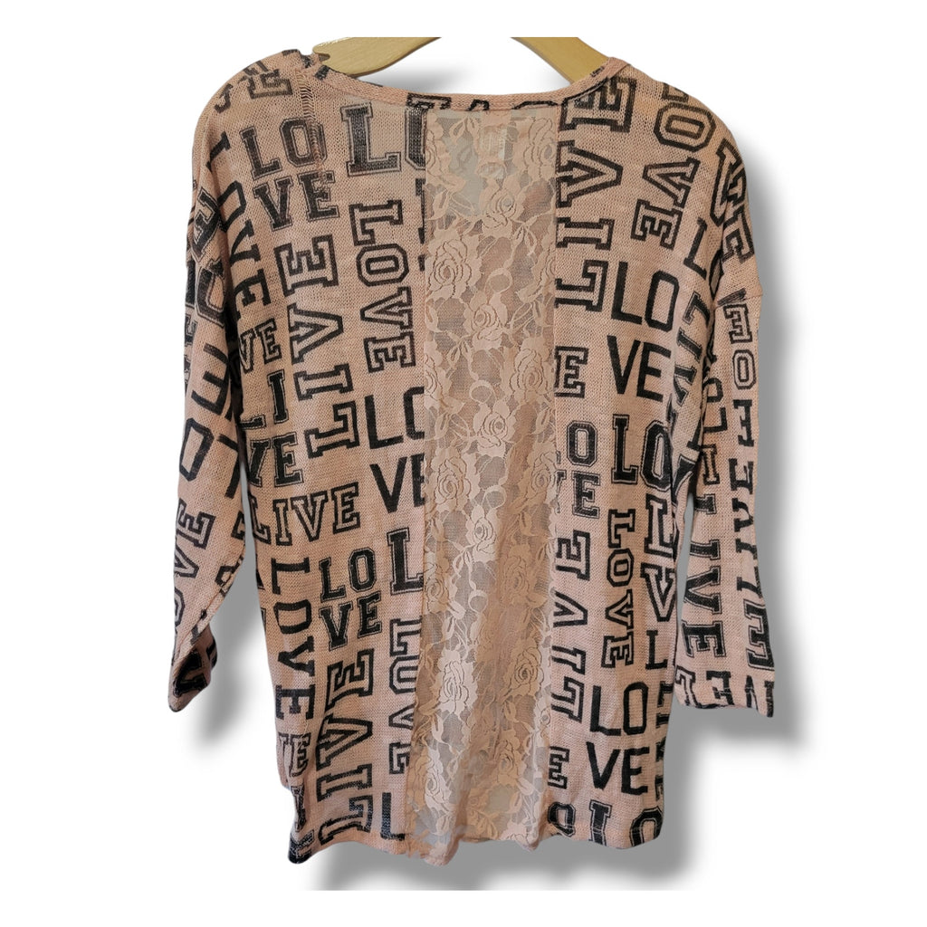 No Boundaries Juniors Pink LOVE Print Pullover Sweater – Lace Back, Size Large