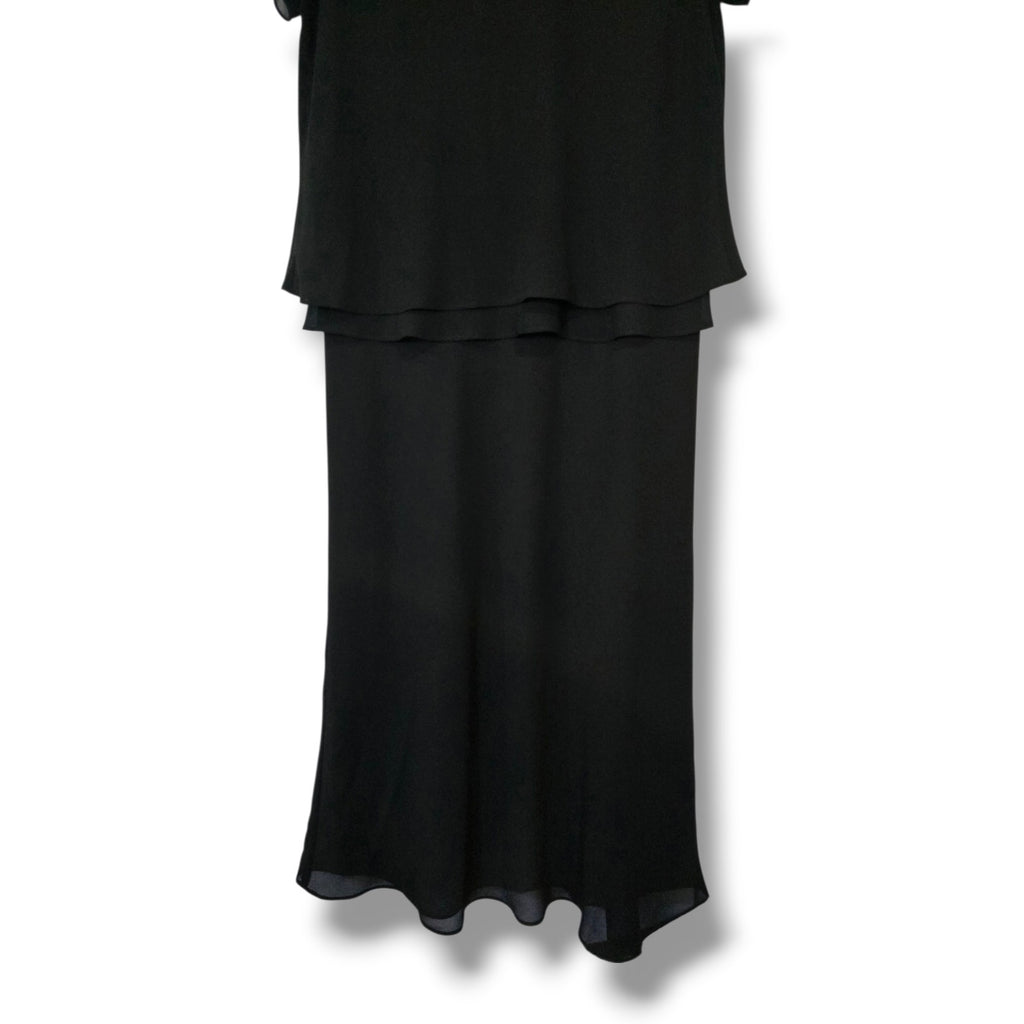 Dani Max Vintage Black Chiffon Tiered Dress 14 Beaded Neck Midi Evening