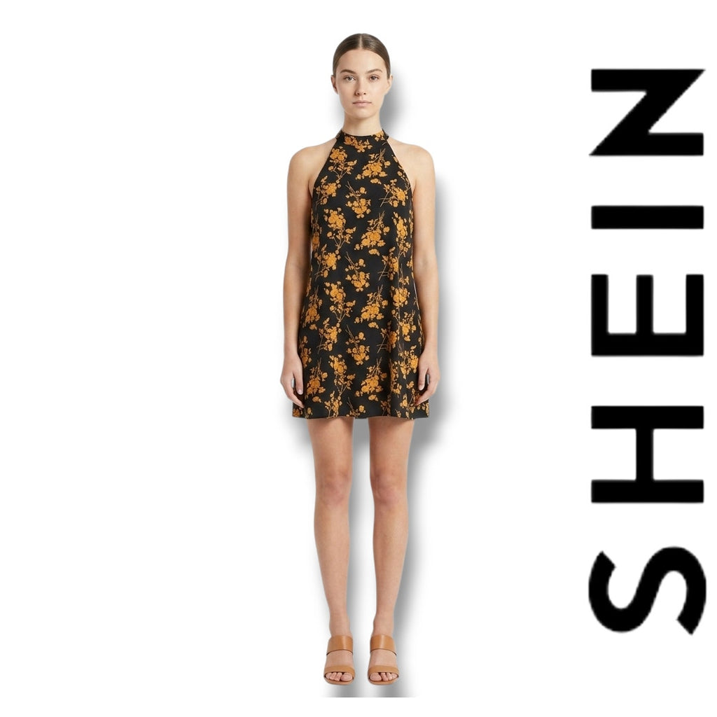 SHEIN Black & Gold Floral Halter Neck Mini Dress Women’s Size Medium