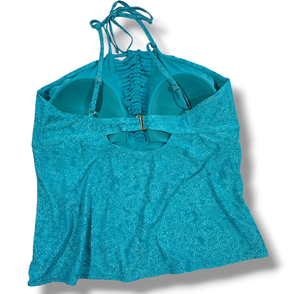 Catalina women's Plus Size Blue Paisley Floral Crochet Halter Tankini Top 3X