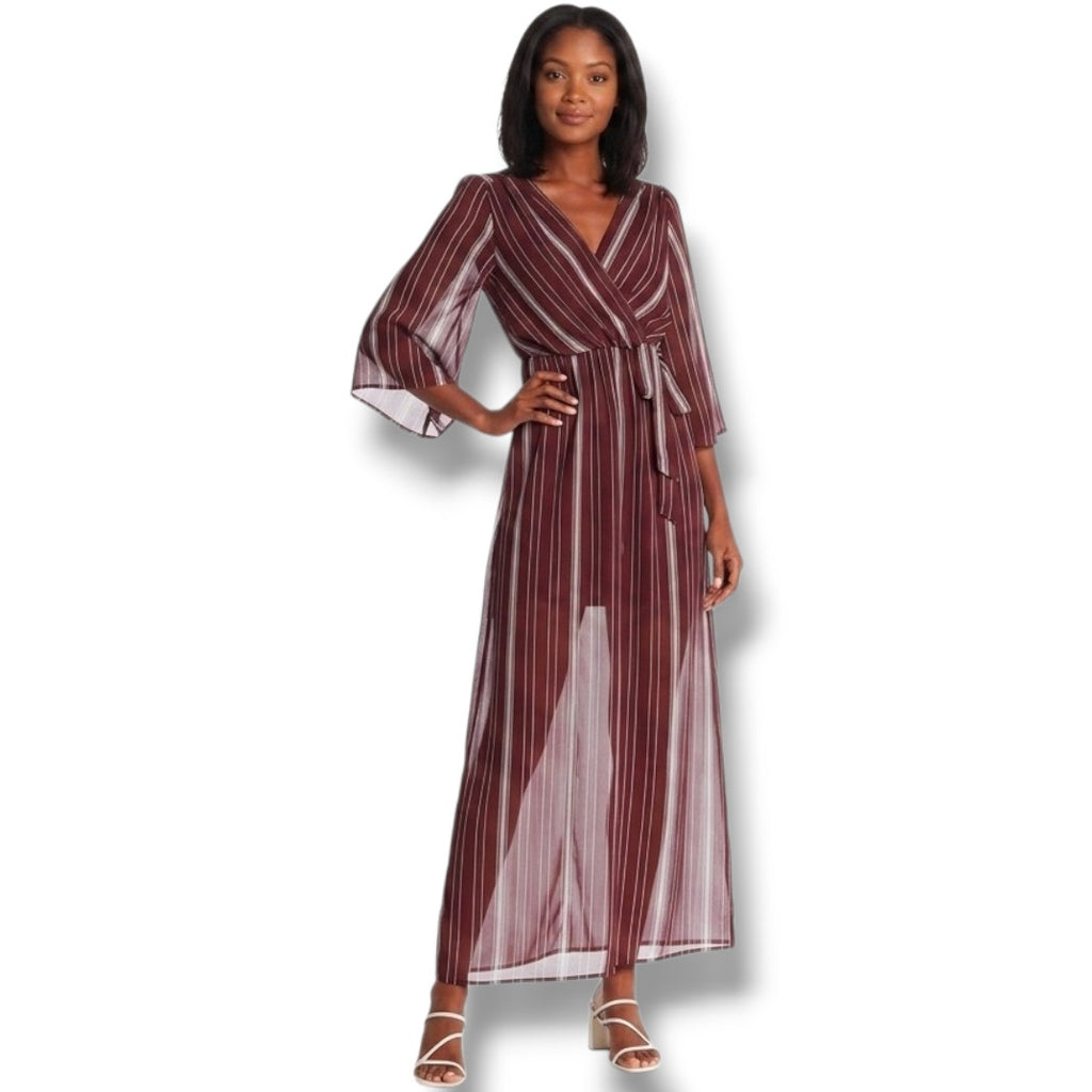 Bailey Blue Women’s Burgundy Striped Chiffon faux Wrap Maxi Dress – Size Medium