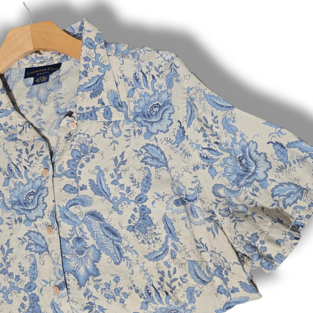 Charter Club Woman Size 16W Blue Beige Floral 100% Linen Button Down Shirt