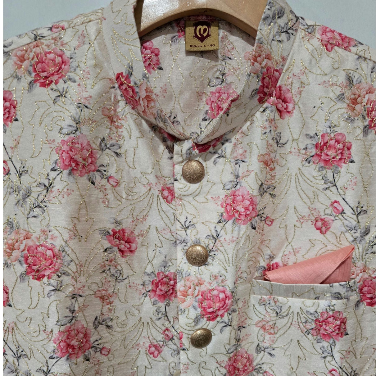 Manyavar men's Beige Jacket With Pink Floral Motifs