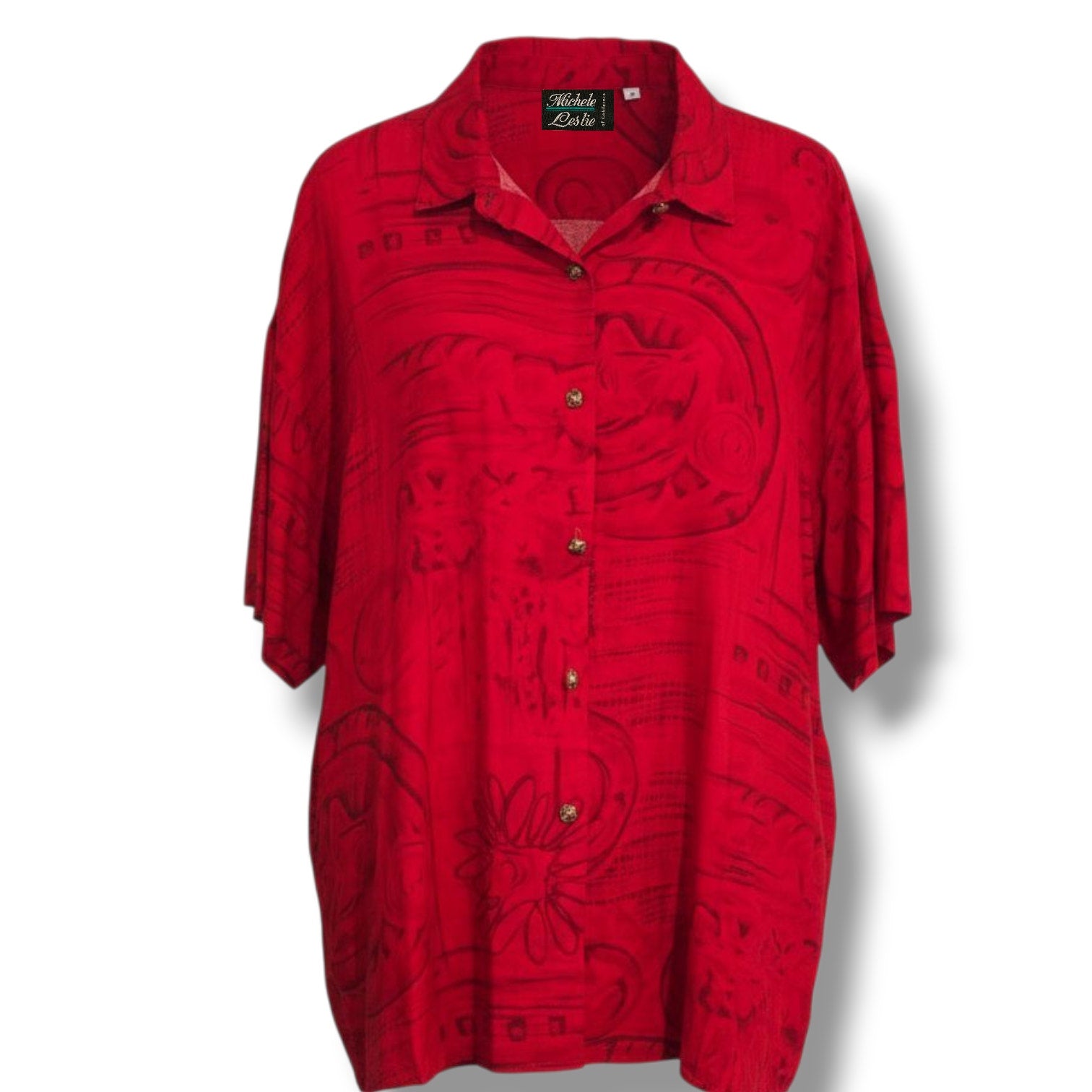 Michele Leslie of California Vintage Women’s Red Abstract Button-Up Top Size 3X