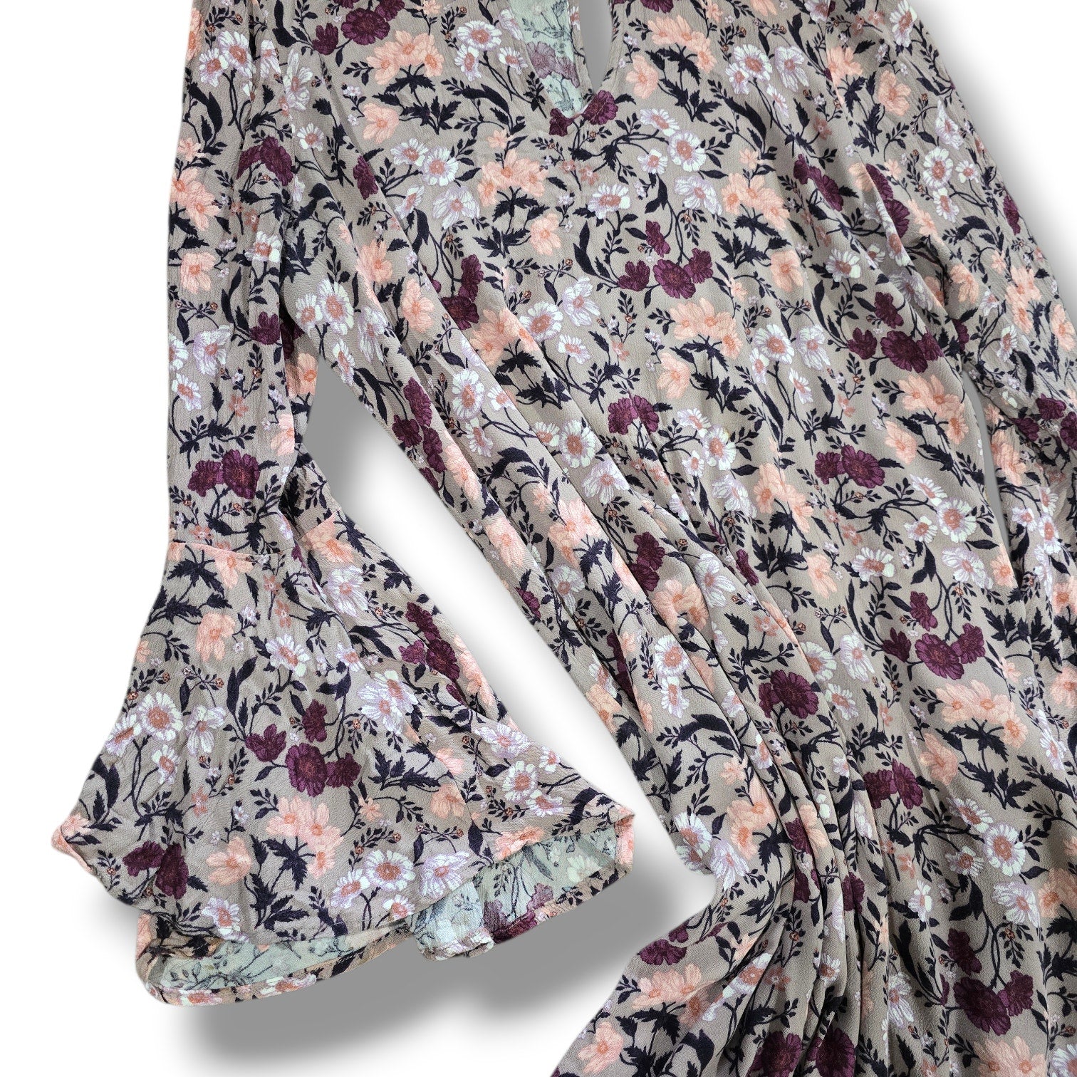 American Eagle Taupe Floral Bell Slit Sleeve Keyhole Mini Dress XL