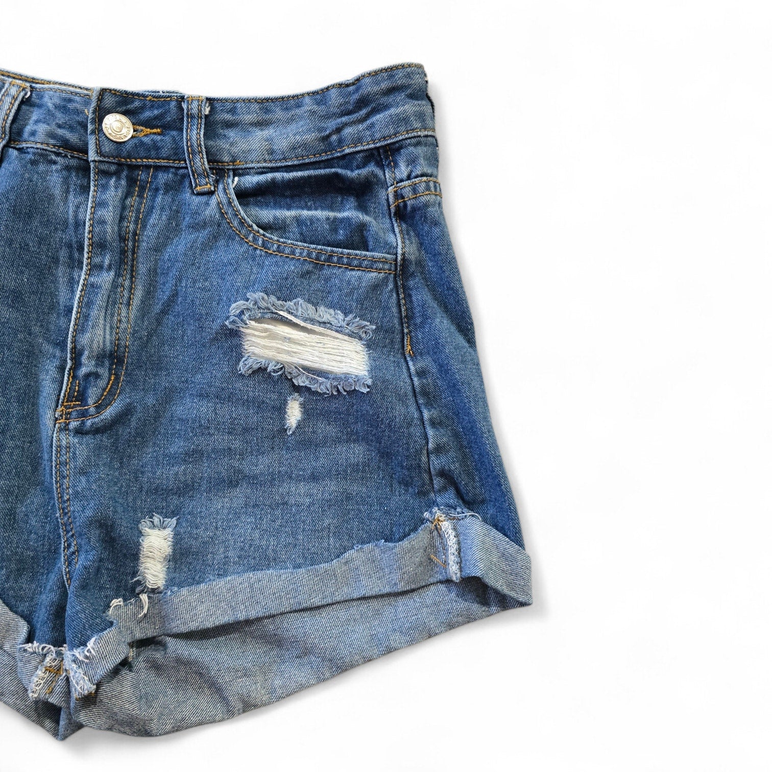SHEIN Distressed High-Waisted Cuffed Denim Jean Shorts Medium