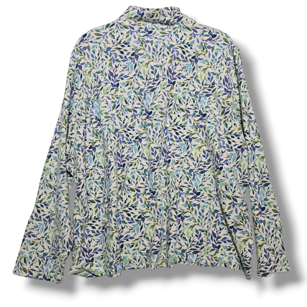 Appleseed's women's plus size Blue & Green Leaf Print Mock Neck Henley Top- 2x