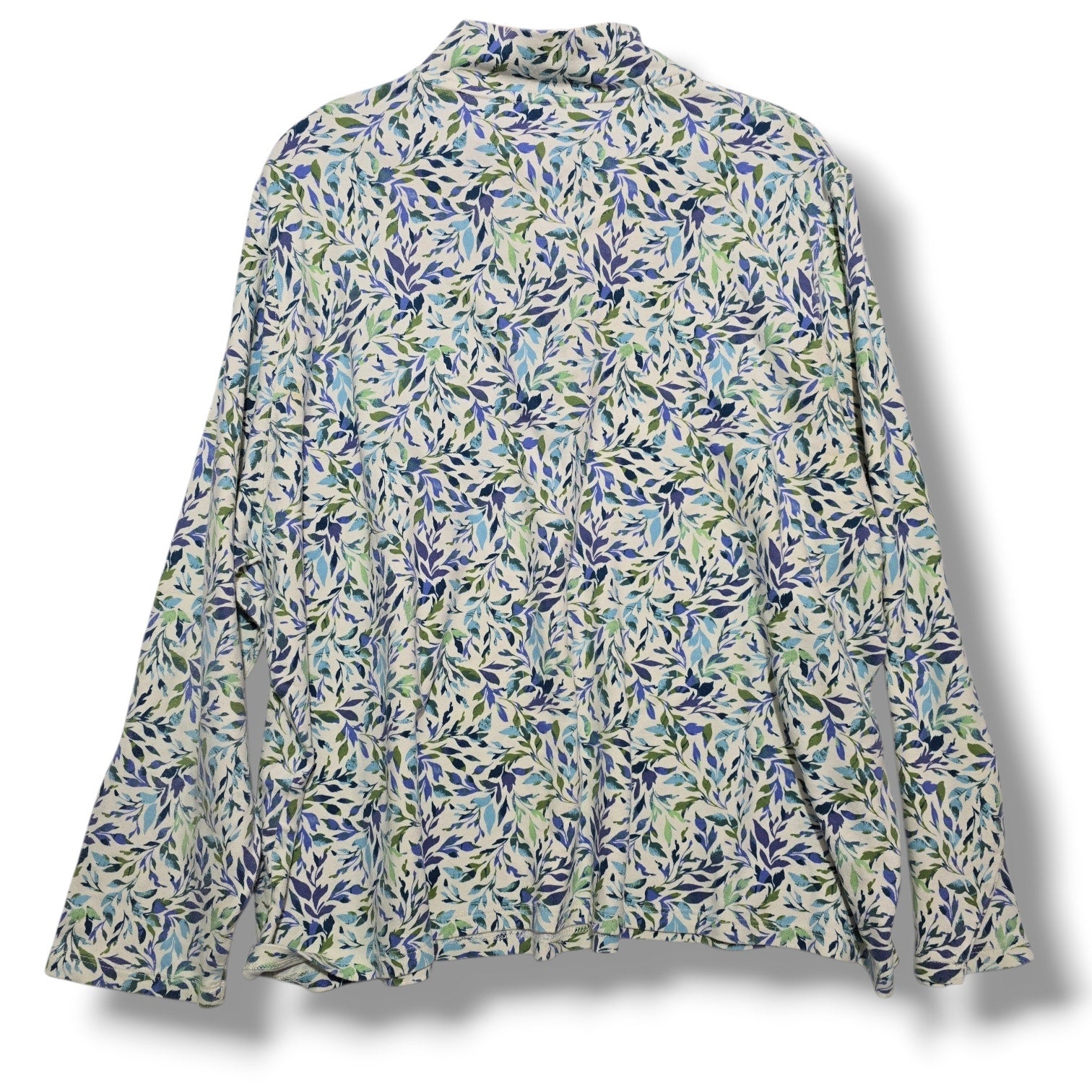 Appleseed's women's plus size Blue & Green Leaf Print Mock Neck Henley Top- 2x
