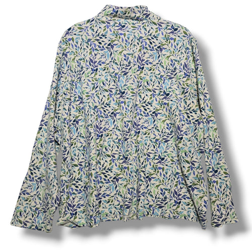 Appleseed's women's plus size Blue & Green Leaf Print Mock Neck Henley Top- 2x