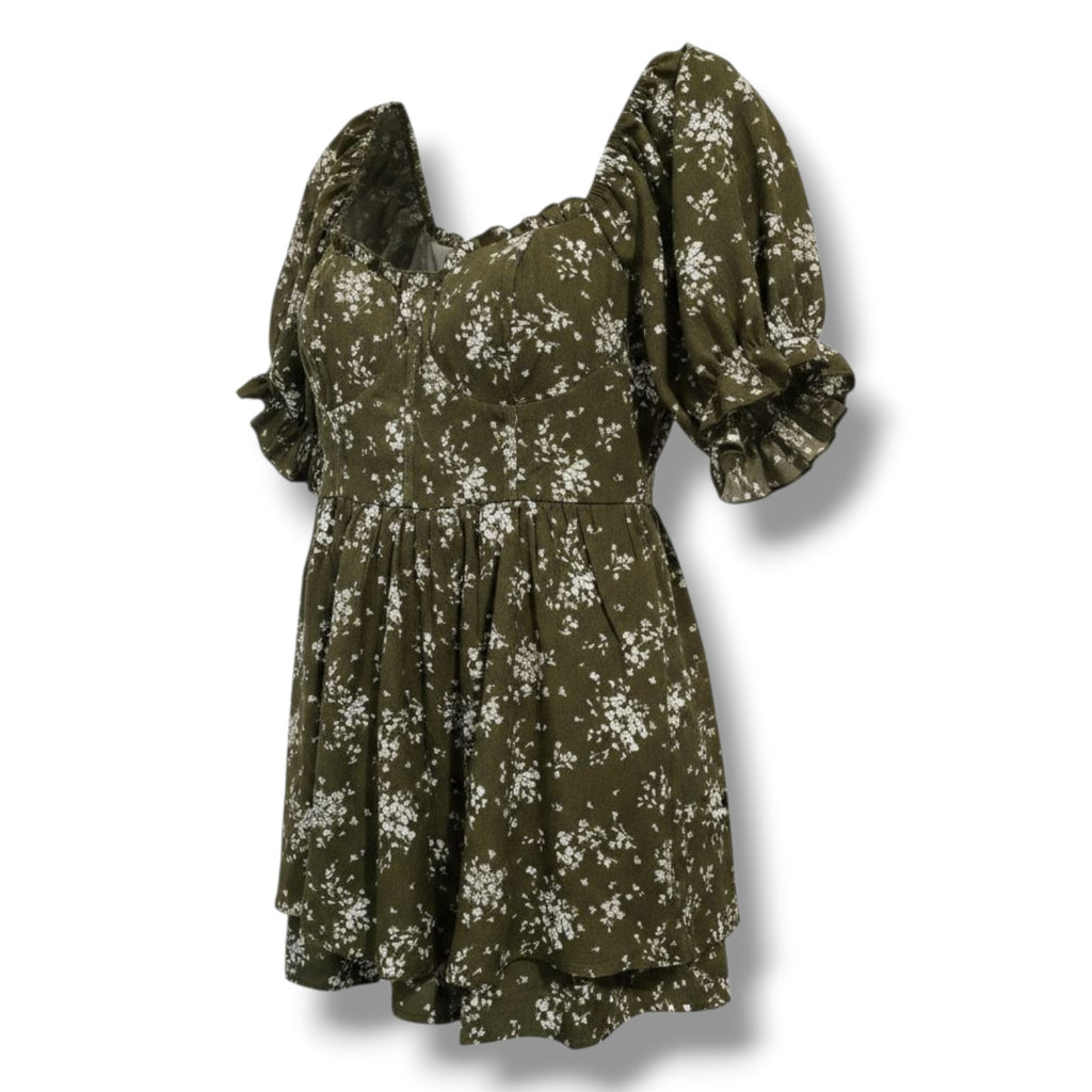 Inspired Hearts Women’s Olive Green Floral Puff Sleeve Corset Mini Dress Size M