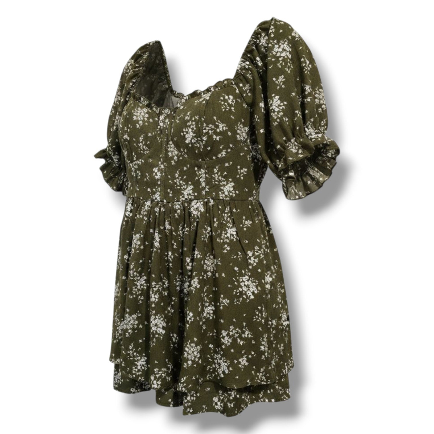 Inspired Hearts Women’s Olive Green Floral Puff Sleeve Corset Mini Dress Size M