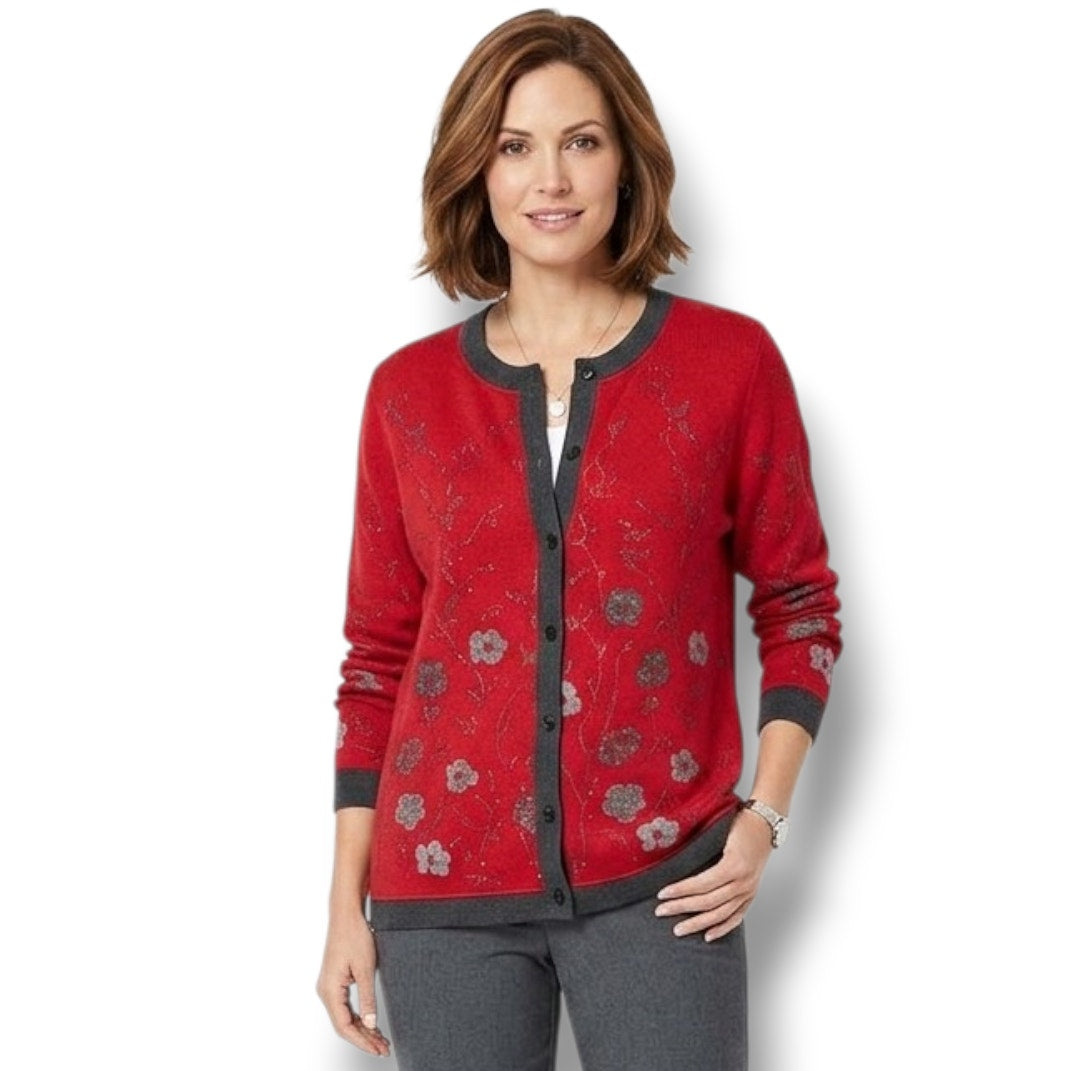 Cathy Daniels Women’s Red Floral Metallic Button-Front Cardigan Sweater – Large
