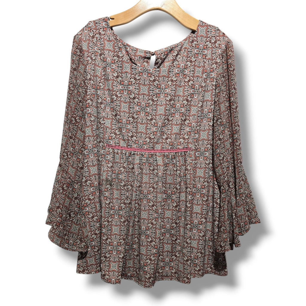 Terracotta women's Paisley Smocked-Accent Bell-Sleeve Blouse xl