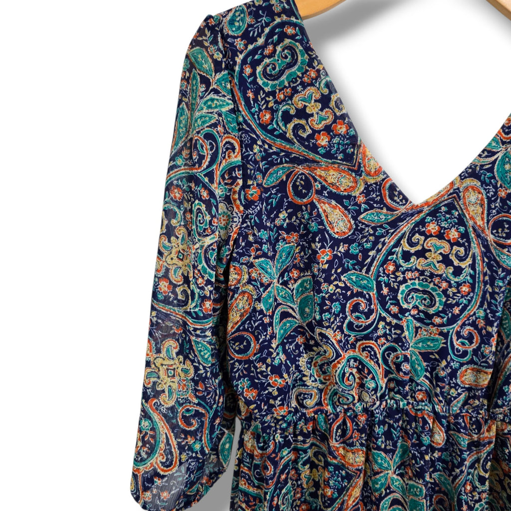 BeBop Women’s Navy Paisley Boho Chiffon Lined Mini Dress – Size Medium