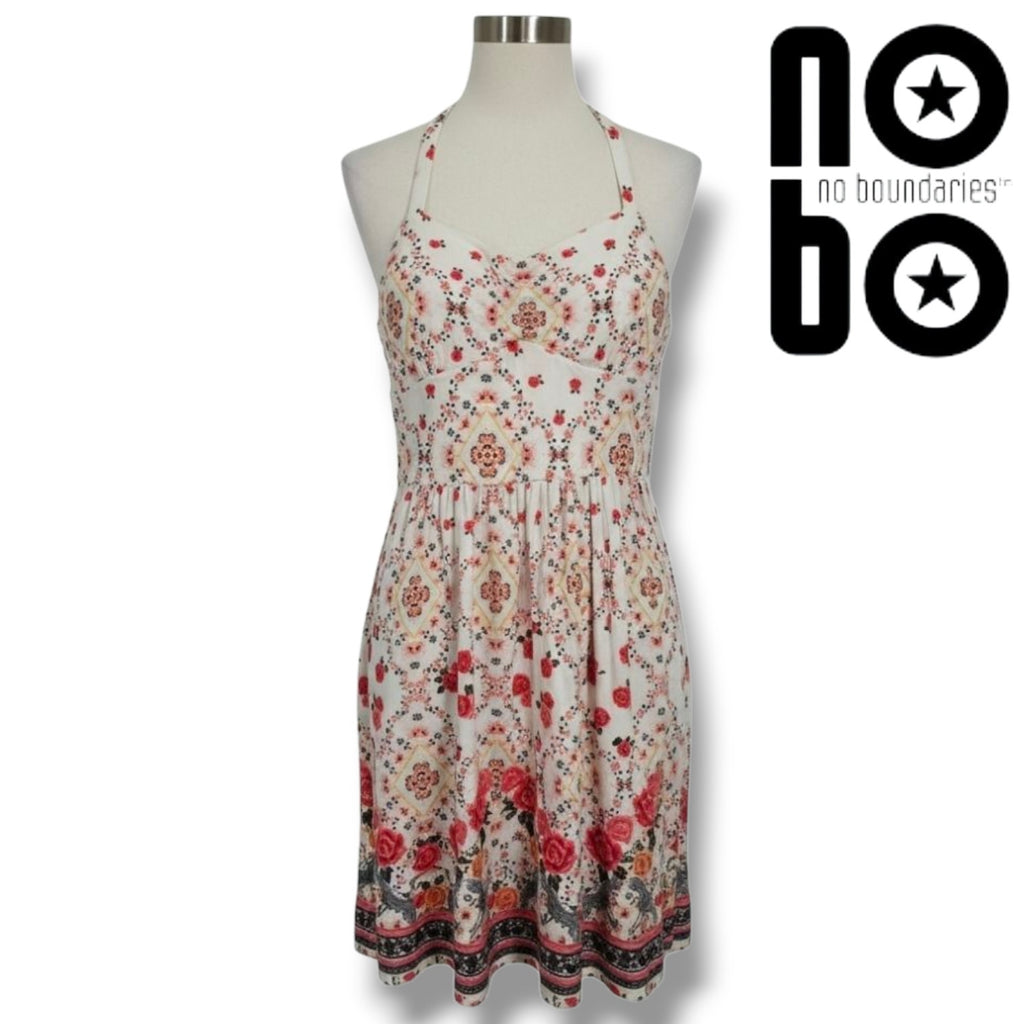 No Boundaries juniors Ivory Floral Halter Dress with Lace Racerback Small (3–5)