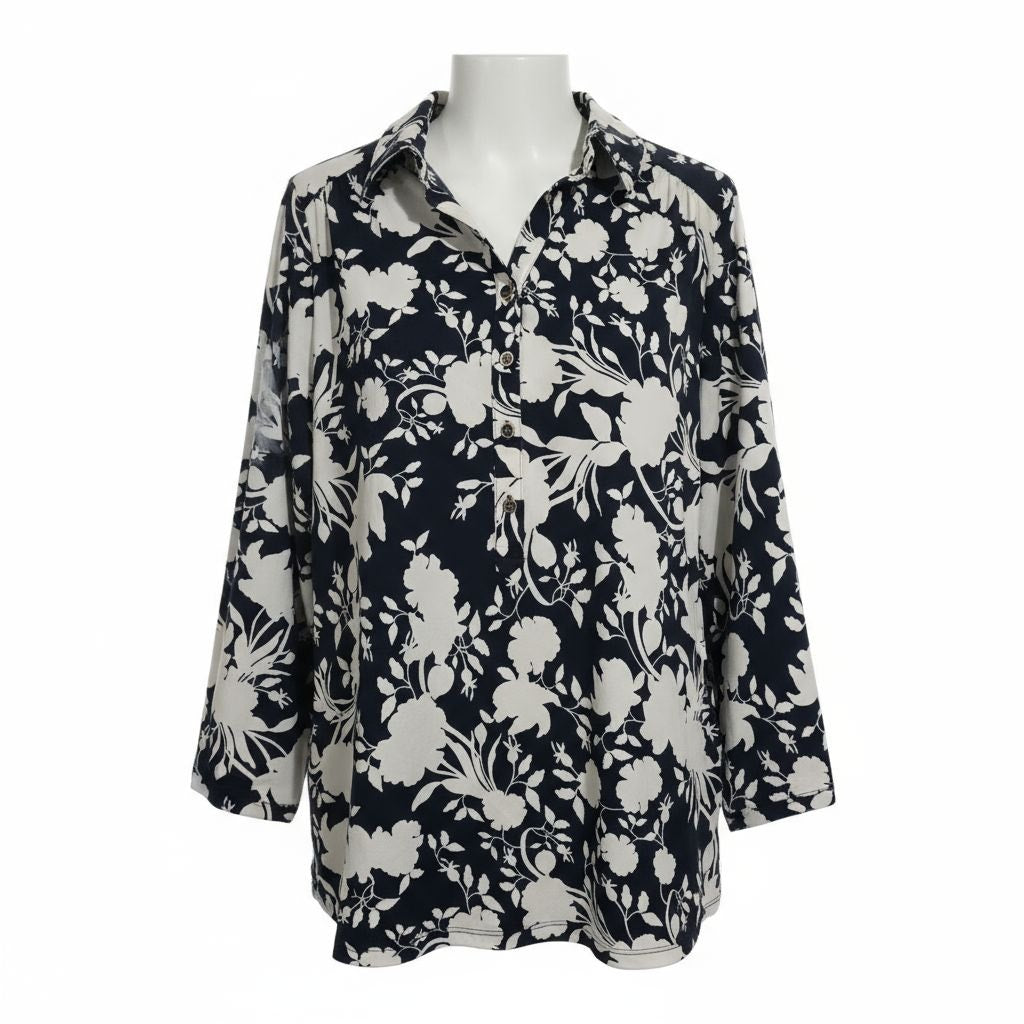 Charter Club Women’s Floral Print Blouse Midnight Blue White Button Front Top L